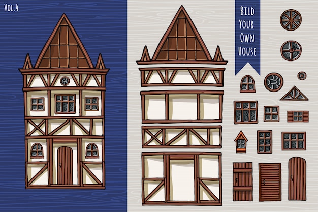 Vektor deutsche häuser, sammlung von elementen, itemset, dach, fenster, türen. niedlicher stil der fahverk-architektur. handgemalt.