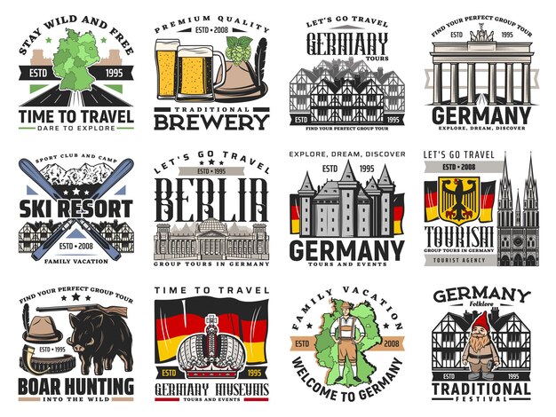 Vektor deutsche reisesymbole isolierte flaggenkarte von deutschland