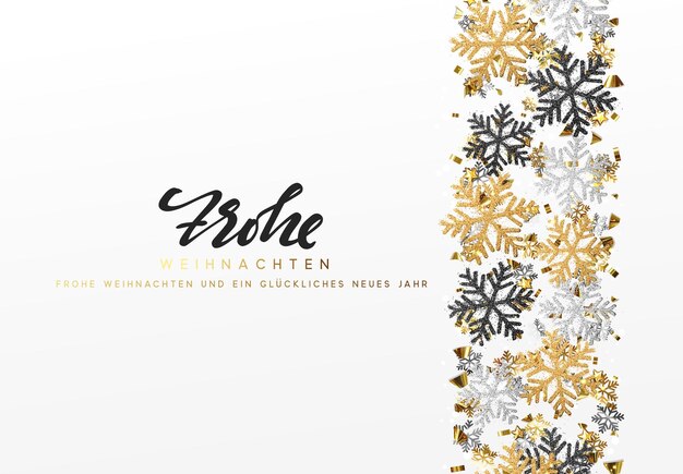 Deutscher text frohe weihnachten. frohe weihnachten und ein glückliches neues jahr. weihnachtshintergrund mit glänzenden goldschneeflocken. grußkarte, feiertagsbanner, webposter