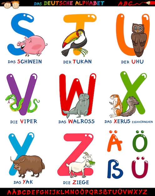 Deutsches alphabet der karikatur mit tieren