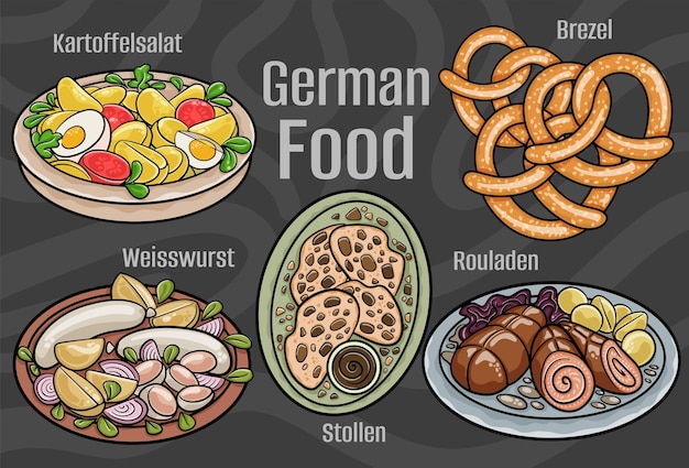 Deutsches Essen Eine Reihe klassischer Gerichte Cartoon handgezeichnete Illustration