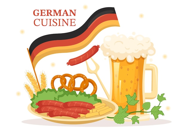 Deutsches Restaurant mit Sammlung köstlicher traditioneller Küche und Getränke in Illustration