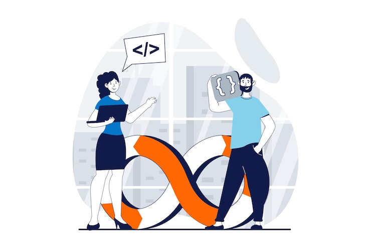 Vektor devops-konzept mit menschen-szene in flachem design für das web mann und frau arbeiten im team an projektoptimierung programmierprozessen vektor-illustration für social-media-banner-marketing-material