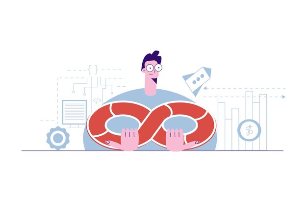 DevOps-Konzept. Software-Engineering-Kultur und Praxis der Softwareentwicklung und des Softwarebetriebs. IT-Ingenieur mit Dev-Ops-Symbol. Flache Vektorkarikaturillustration lokalisiert auf Weiß
