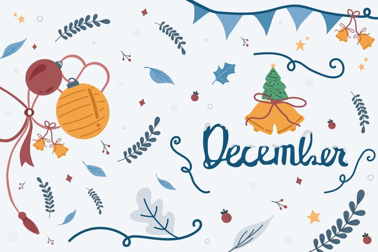 Vektor dezember handschrift monat mit ornament in weihnachten saisonale blumen und blätter dekoration buchstaben illustration dezember