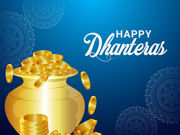 Dhanteras indische festivaleinladungsgrußkarte mit vektorillustration des goldmünzentopfes