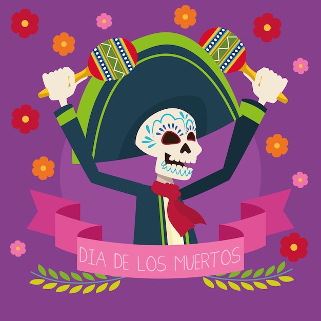Dia de los muertos feierkarte mit mariachi-skelett, das maracas-vektorillustration spielt