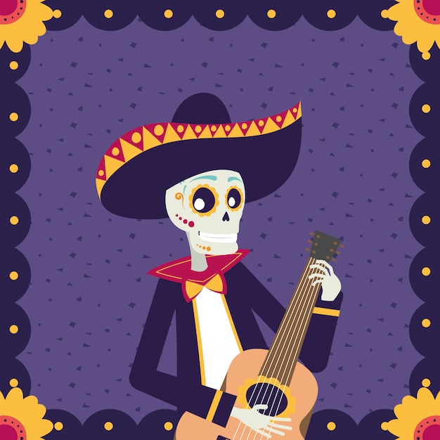 Dia de los muertos karte mit mariachi schädel gitarre spielen