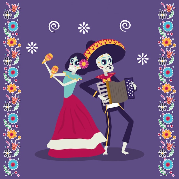 Dia de los muertos karte mit mariachi spielt akkordeon und catrina