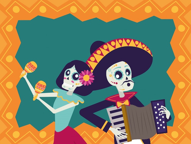 Dia de Los Muertos Karte mit Mariachi spielt Akkordeon und Catrina