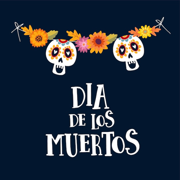 Vektor dia de los muertos oder halloween-grußkarteneinladung mexikanischer tag der toten schnurdekoration mit blumen der mutter und dekorativen zuckerschädeln handgezeichneter vektorillustrationshintergrund