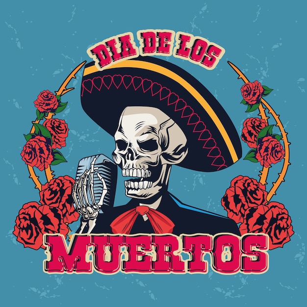 Dia de los muertos plakat mit mariachi schädel singen mit mikrofon und rosen vektor-illustration design