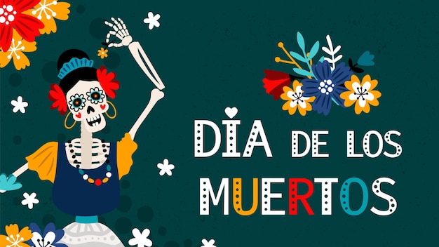 Dia de los muertos. Tag der Toten im spanischen, traditionellen mexikanischen Festivalfarbplakat mit weiblicher Skelettvektorillustration