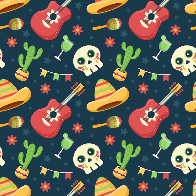 Vektor dia de muertos nahtlose musterillustration mit tag der toten-element im mexikanischen design