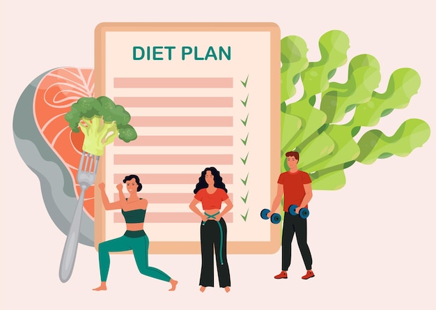 Diät-plan-konzept diät-programm gewichtsverlust to do-liste frauen und mann trainieren übungen gesund