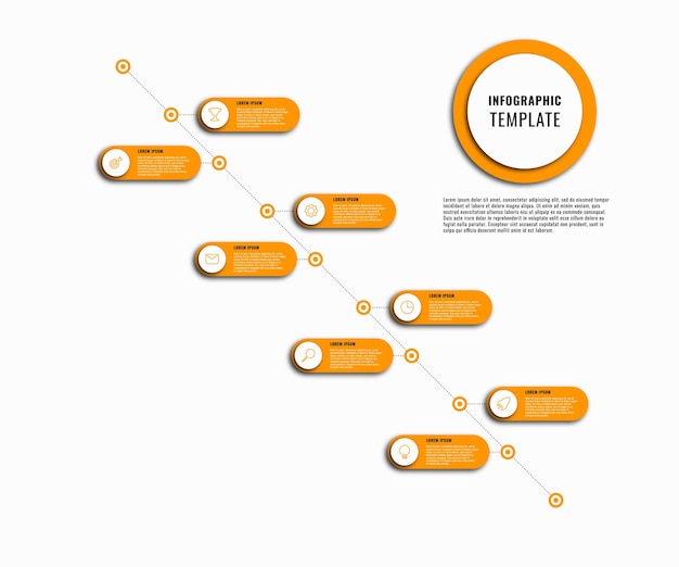 Diagonale Business-Infografik-Timeline-Vorlage mit orangefarbenen runden Optionen auf weißem Hintergrund