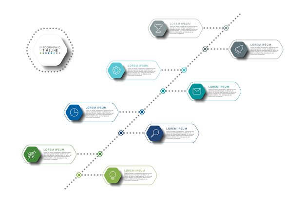 Diagonale infografik-timeline-vorlage mit mehrfarbigen sechseckigen elementen auf weißem hintergrund