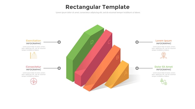 Diagramm mit vier bunten polygonalen 3d-elementen und platz für text. konzept von vier ebenen oder phasen der geschäftsentwicklung. moderne infografik-design-vorlage. vektorillustration für die präsentation.