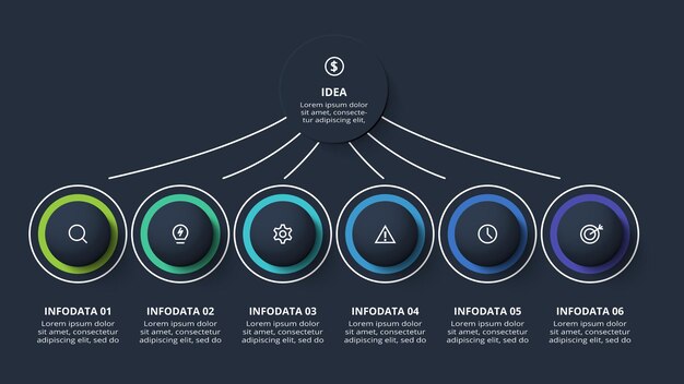 Diagrammkonzept für infografik mit 6 schritten optionen teile oder prozesse vorlage für web auf schwarzem hintergrund