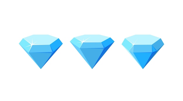 Diamanten mit unterschiedlichem Schliff Set aus blauen Diamantkristallen, die auf weißem Hintergrund isoliert sind