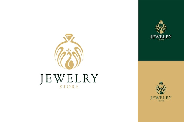 Diamantring-schmucklogo und pfauenform symbol der schmuckherstellung gold- und edelsteingeschäft luxuriöses und elegantes flachkonzept mit mehreren premium-farbdisplays