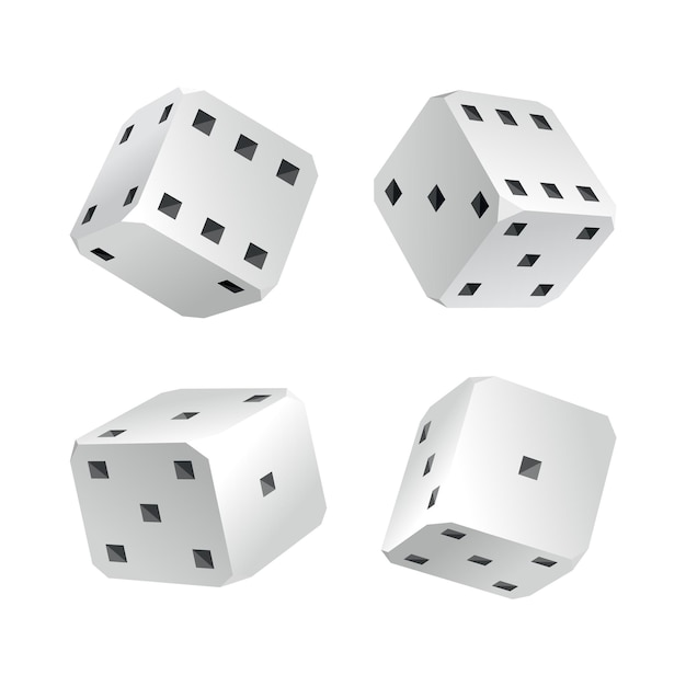 Dice - realistische weiße Würfel mit einer zufälligen Anzahl von schwarzen Punkten oder Pips und abgerundeten Kanten. Vektorspielwürfel isoliert. Isolierte 3D-Objekte für Hobbys.