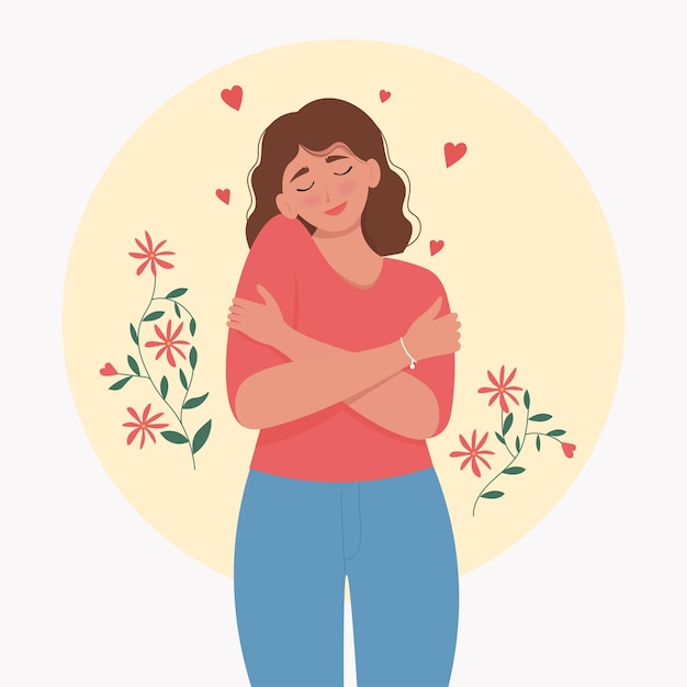 Dich selbst lieben. Junge Frau, die sich umarmt, glücklich, positiv und lächelnd. Nette Illustration im flachen Stil