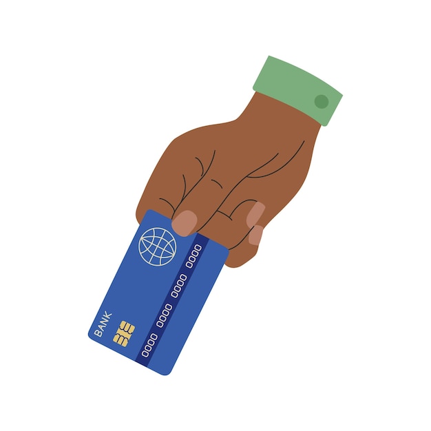 Die afroamerikanische Hand hält eine Kreditkarte. Elektronische Zahlung, virtuelles Geld, Transaktion, Bankwesen
