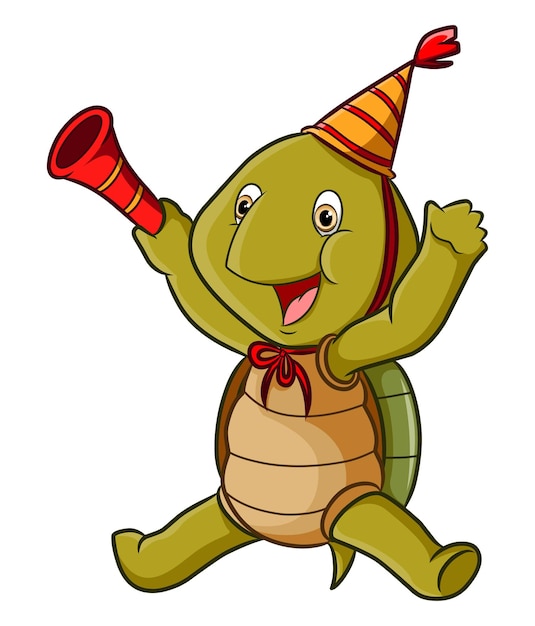 Die aufgeregte Schildkröte trägt den Geburtstagshut der Illustration