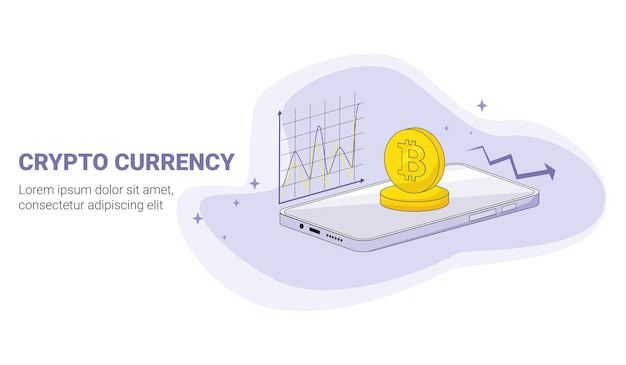 Die Aufschrift Cryptocurrency Smartphone liegt und darauf befinden sich Bitcoin-Münzen um Infografiken