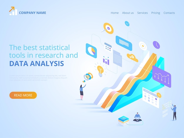 Die besten statistischen werkzeuge für forschung und datenanalyse. isometrische illustration für zielseite, webdesign, banner und präsentation.