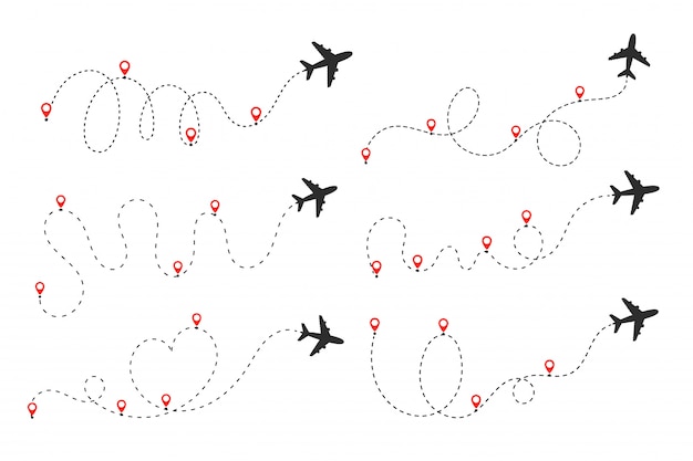 Vektor die ebene folgt der gepunkteten linie. flüge vom ursprung zum ziel auf der weltkarte.