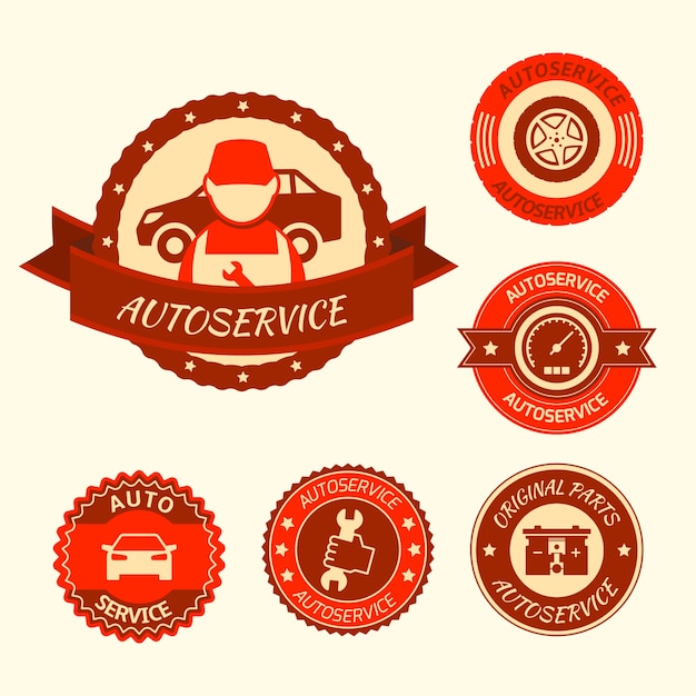 Die eingestellten autoautoservice-aufkleber-ausweisembleme lokalisierten vektorillustration