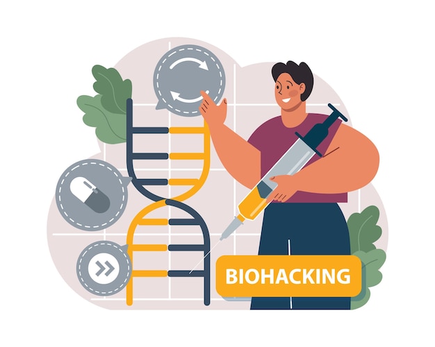 Die entwicklung und verbesserung der biohacking-gesundheit mit modernen überwachungssystemen ergänzt ernährungs- und lebensstiländerungen. das biologische wohlbefinden des menschen und die erhaltung der jugend. flache vektorillustration