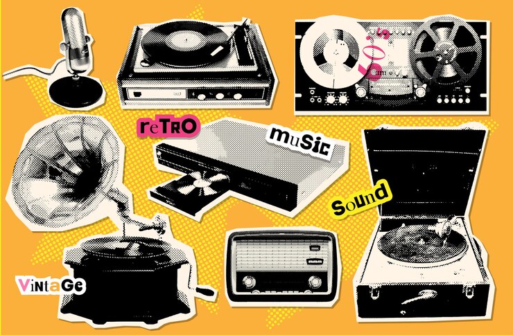 Vektor die entwicklung von musikplayern, grammophon, radio-tonbandgerät mit grunge-collage-elementen