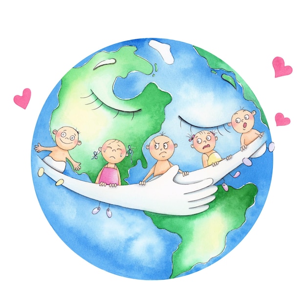 Die Erde umarmt Kinder mit unterschiedlichen Emotionen und zeigt ihre Liebesaquarellillustration