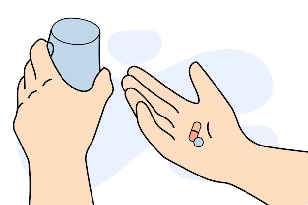Vektor die erste hand hält ein glas wasser und die zweite hand hält zwei pillen mit kapsel