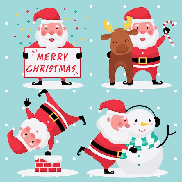 Vektor die festliche sammlung weihnachten und neujahr kennzeichnen bildersatz des weihnachtsmannes mit rentier und schneemann auf hellblauem hintergrund