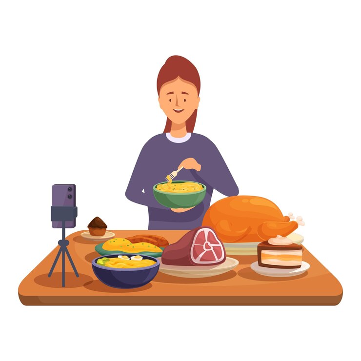 Vektor die food-bloggerin zeigt ihren anhängern ihr thanksgiving-mahlzeit