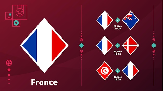 Die französische Nationalmannschaft plant Spiele in der Endphase der Fußball-Weltmeisterschaft 2022. Vektordarstellung der Spiele der Fußballweltmeisterschaft 2022