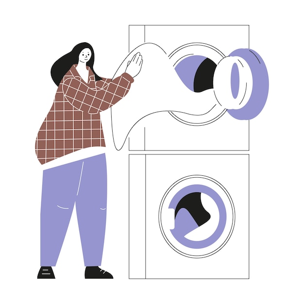 Vektor die frau holt die wäsche aus der waschmaschine. vektor-illustration im cartoon-stil. isoliert auf weißem hintergrund.