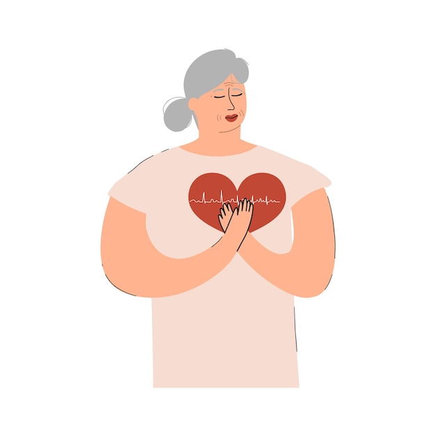 Die Frau leidet unter Herzschmerzen Das Konzept der Arrhythmie Herzinfarkt Koronarerkrankung Vektordarstellung im flachen Stil