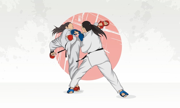 Die Frauen tragen Schutzhandschuhe, jeder hat einen schwarzen Gürtel im Karate.