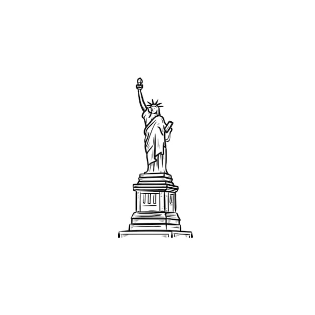 Die freiheitsstatue hand gezeichnete umriss-doodle-symbol. wahrzeichen, tourismus und freiheit, unabhängigkeitskonzept. vektorskizzenillustration für print, web, mobile und infografiken auf weißem hintergrund.