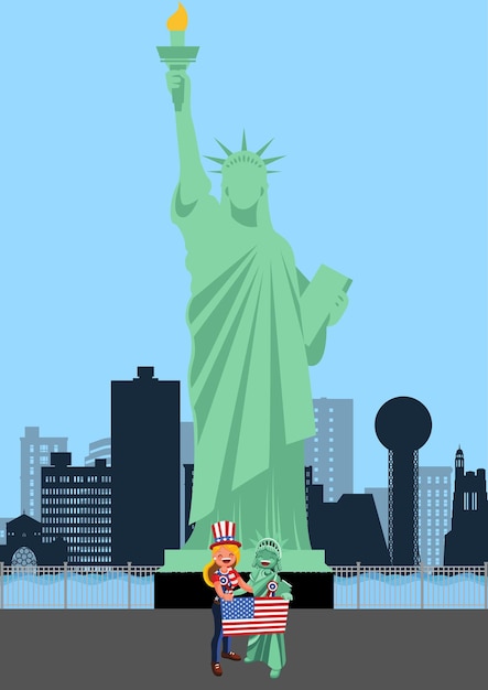 Die Freiheitsstatue Vector, ein ikonisches Symbol der Vereinigten Staaten, steht neben zwei einzigartigen Frauen.