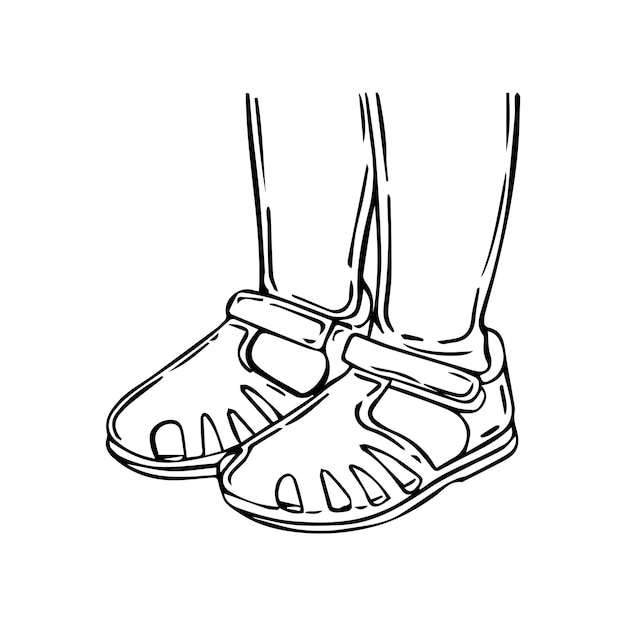 Die füße des mädchens in sandalen schuhe kind doodle lineare cartoon-färbung