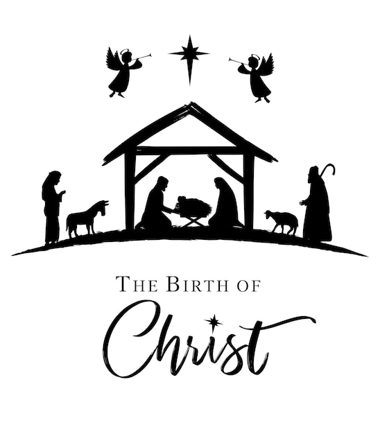 Die Geburt Christi, Krippe mit Heiliger Familie. Maria, Josef, Jesus und Hirten. Vektorkarte