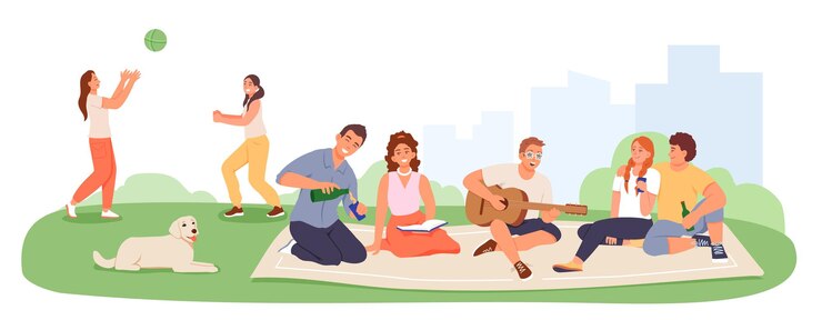 Vektor die gesellschaft ruht in der natur, die freunde hatten ein picknick, der junge mann spielt gitarre, die frauen spielen ball, der hund liegt auf dem gras, die sommerfreizeit im park, die ruhige und aktive erholung der jungen menschen.