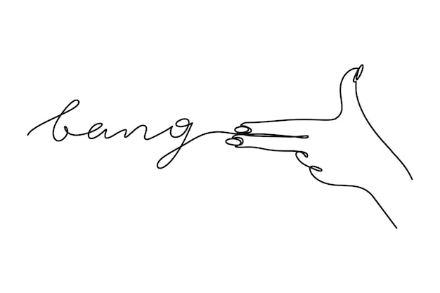 Die geste einer pistole one line schriftzug bang. vektor-illustration der hand einer frau schießt in einem minimalistischen trendstil. für t-shirt-drucke, web, banner, postkarten, poster und andere dinge