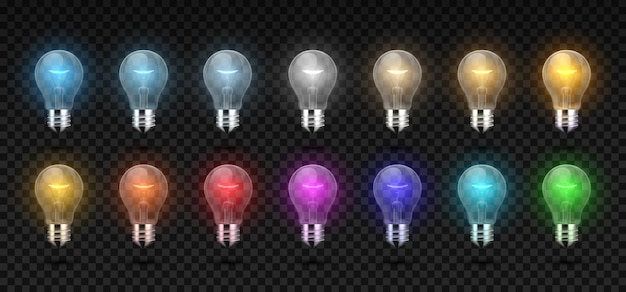 Die glühbirne. realistisch leuchtende glüh- und led-lampe von kaltem bis weißem und warmem licht, rgb-farblichter. vector elektrische girlande 3d glühbirne set für konzept beleuchtete unternehmensobjekte